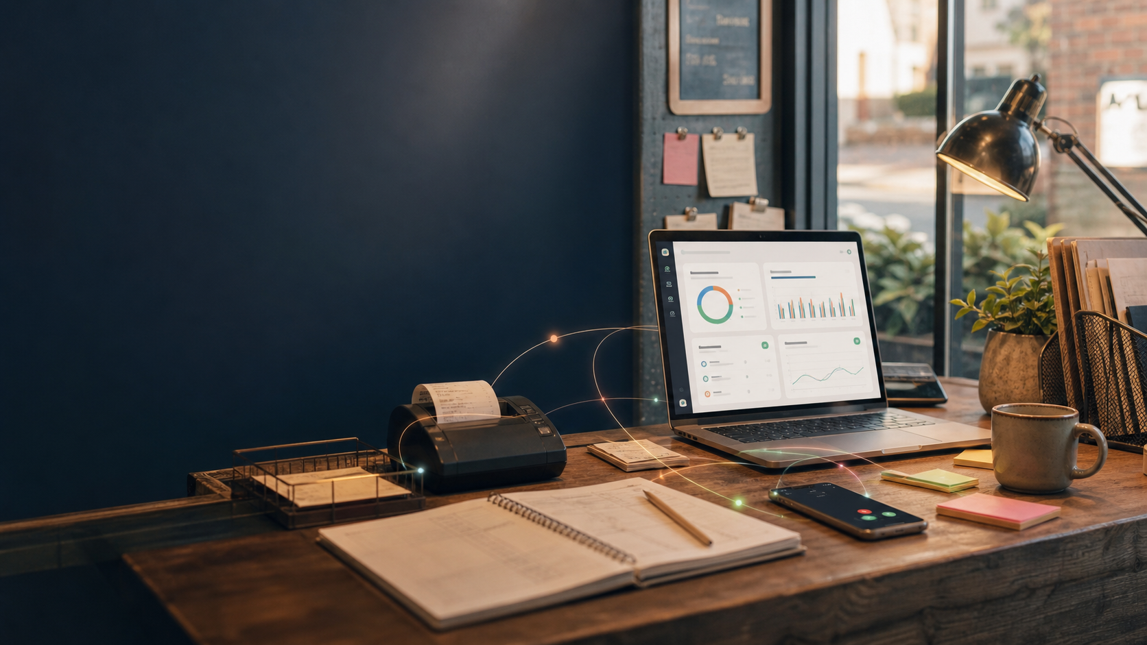 A small business counter with a phone, receipt printer, appointment book, and simple AI dashboard.